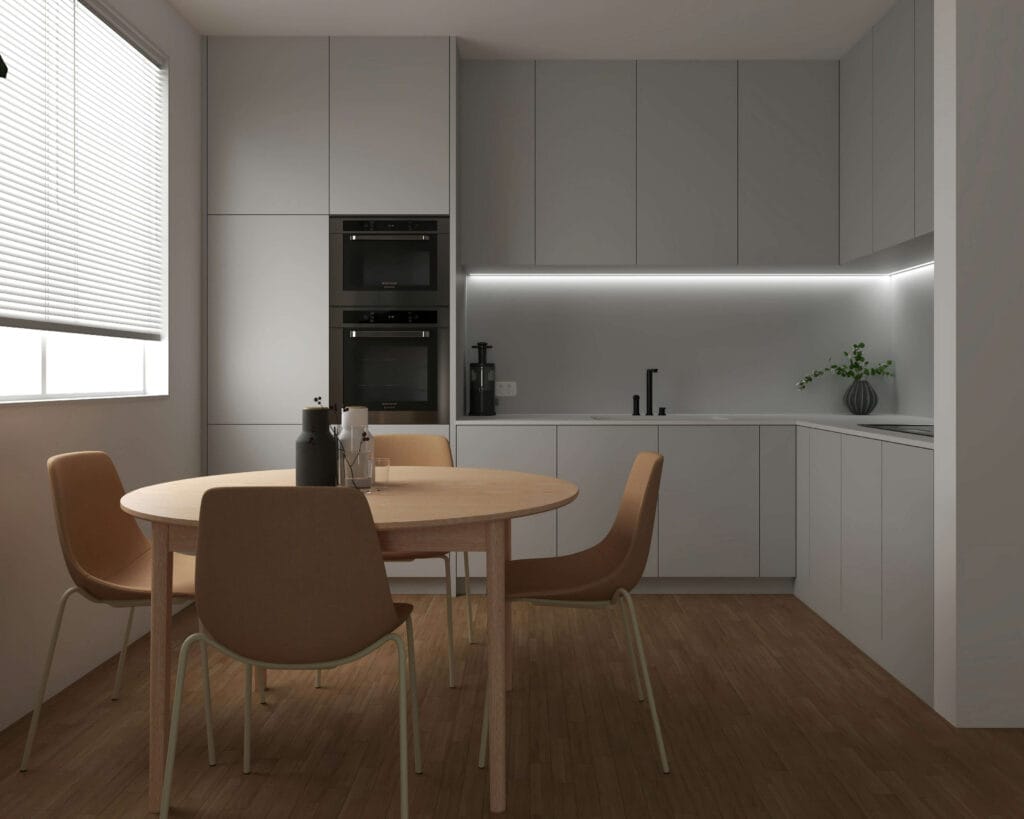 Cocina moderna que cumple los requisitos de equipamiento para una vivienda de uso turístico (VUT) en Lugo.