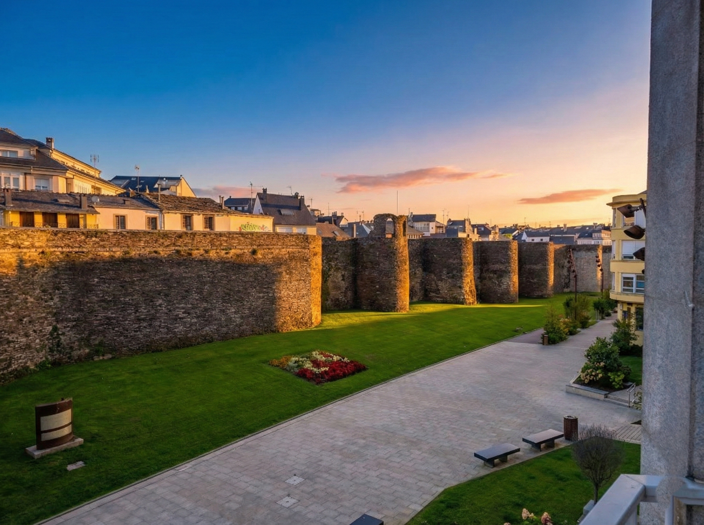Vista panorámica de la Muralla Romana de Lugo al atardecer, Patrimonio de la Humanidad por la UNESCO. Se observan los torreones y los jardines exteriores iluminados por el sol. Alojamiento turístico gestionado por Urbe Lucus.
