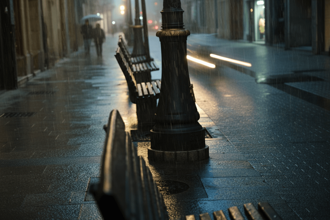 Calle del centro de Lugo bajo la lluvia con iluminación urbana