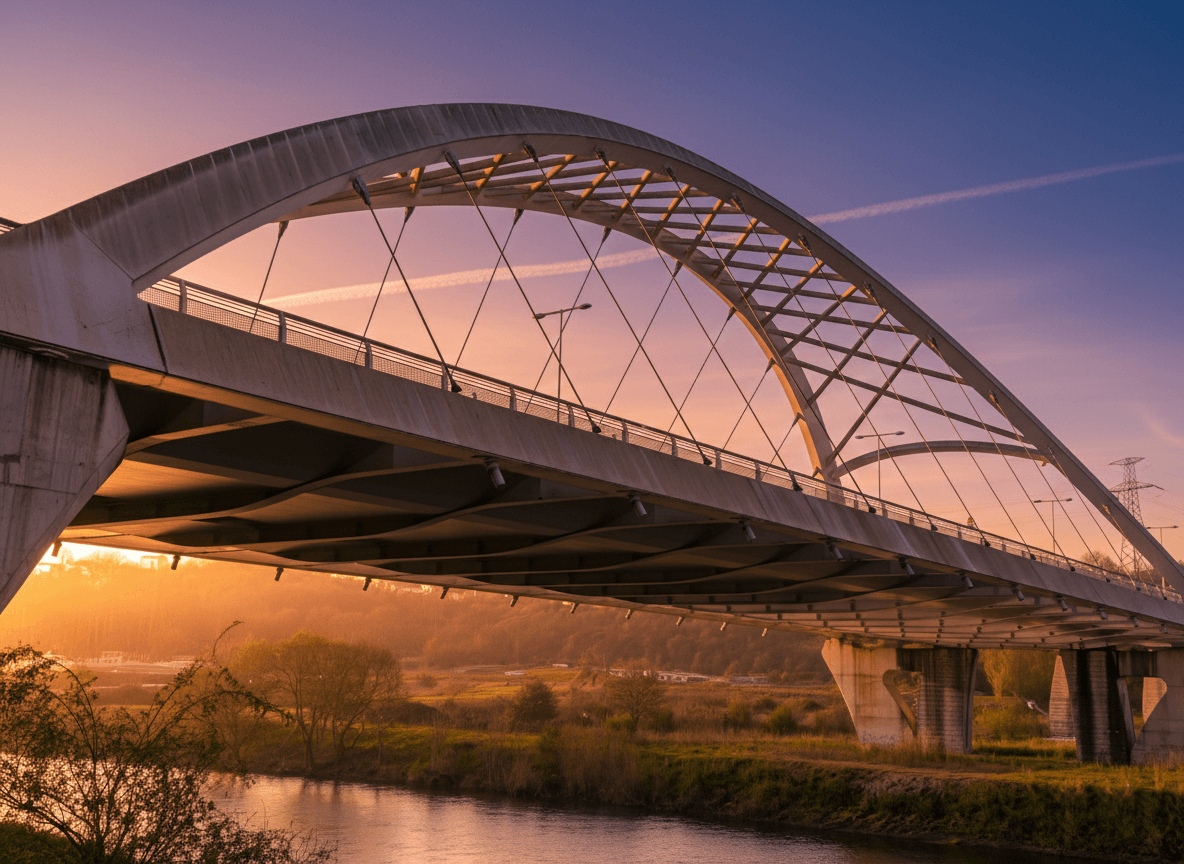 Puente moderno sobre el río Miño en Lugo al atardecer