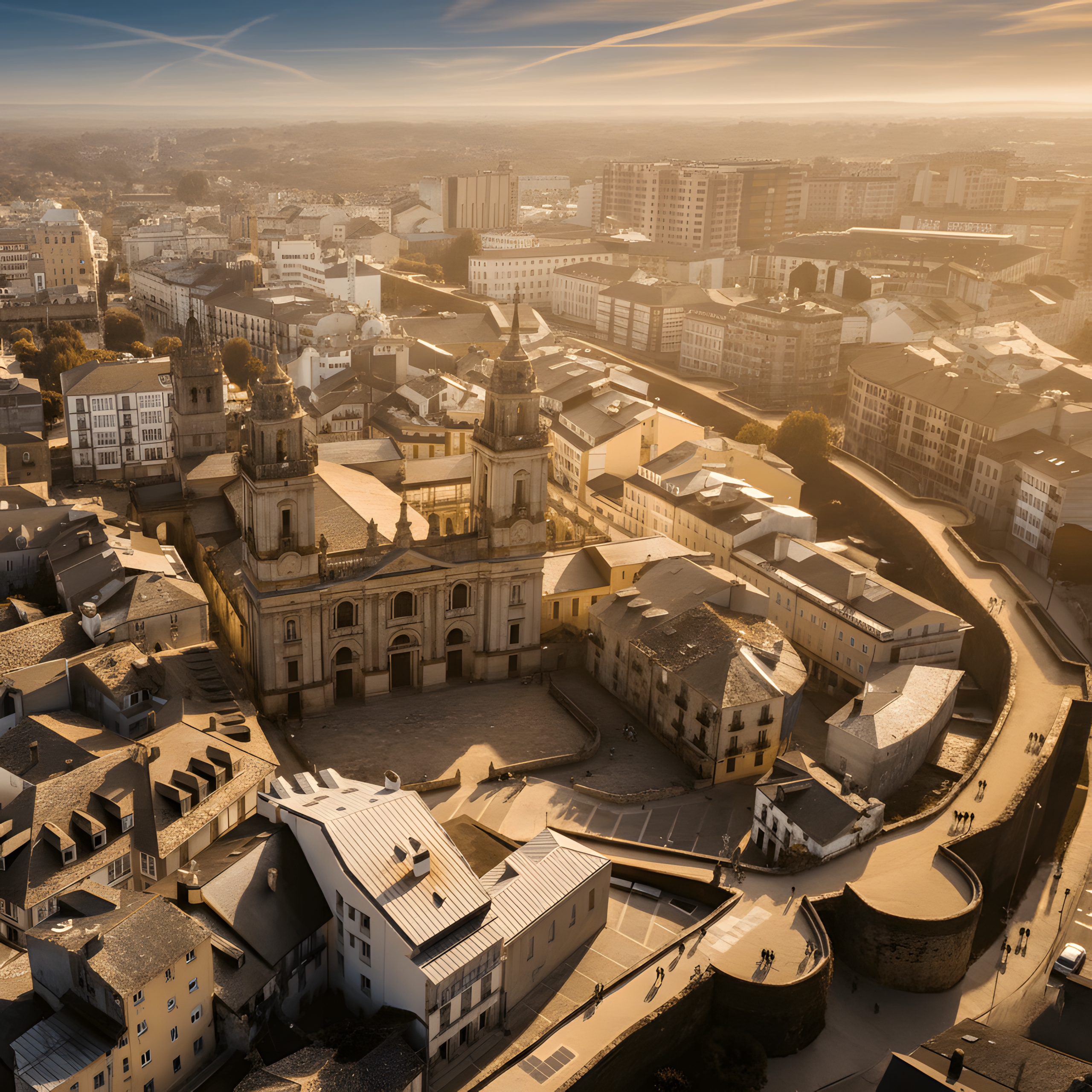 Espectacular vista aérea de la ciudad de Lugo al atardecer. En el centro destaca la Catedral de Santa María rodeada por el trazado circular de la Muralla Romana, Patrimonio de la Humanidad. La luz dorada baña los edificios del casco histórico. Urbe Lucus ofrece alojamiento turístico en este entorno único.