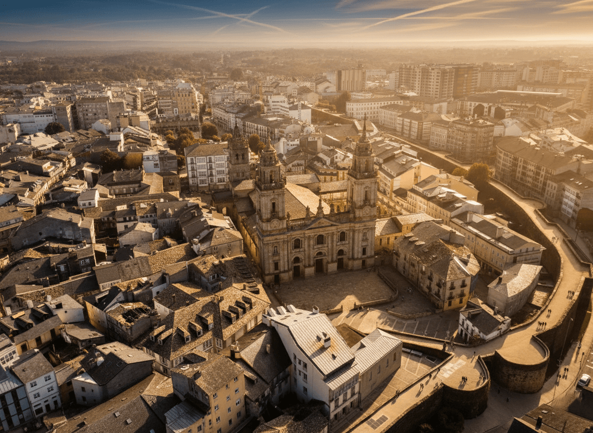 Vista aérea del casco histórico de Lugo con la catedral y la muralla romana al atardecer
